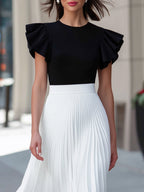 Monochrome Ruffle Sleeve Top & Pleated Midi Skirt Tailored Set