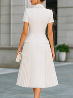 Notched-Lapel Pleated A-Line Midi Dress