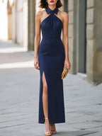 Draped Halter Neck High-Slit Evening Maxi Dress
