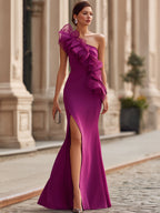 Elegant Magenta Single Shoulder Organza Ruffle Bodycon Mermaid Prom Formal Dress