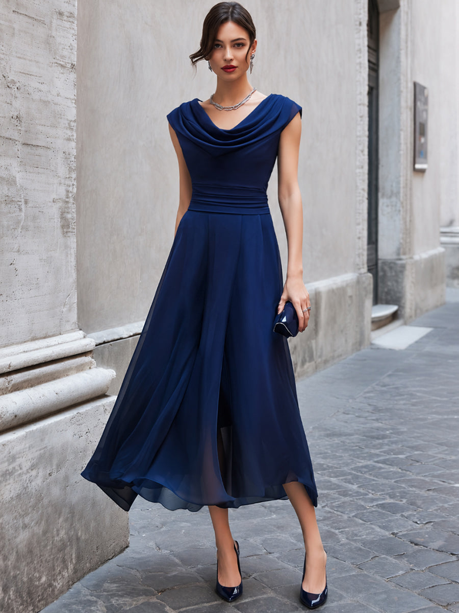 Elegant Cowl Neck Sleeveless Flowing Midi Dress