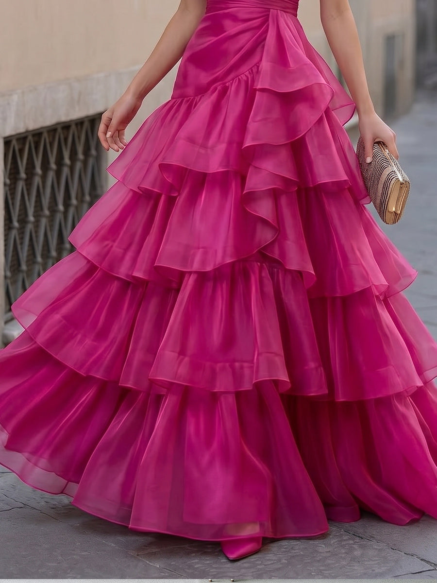 Sheer Organza Layered Ruffle Maxi Dress Wedding Guest Formal Evening Gown