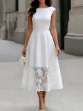 Boat Neck Sleeveless Crepe & Floral Lace Hem Midi Dress