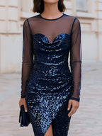Sheer Mesh Long Sleeve Sweetheart Cowl Sequin Side Slit Midi Dress