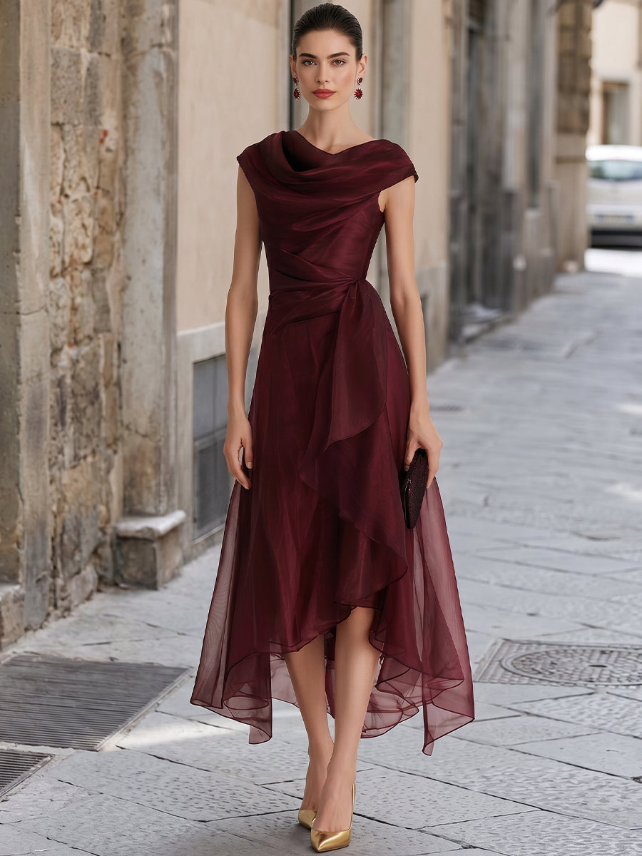Cowl Collar Wrap Waist Asymmetrical Organza Formal Midi Gown