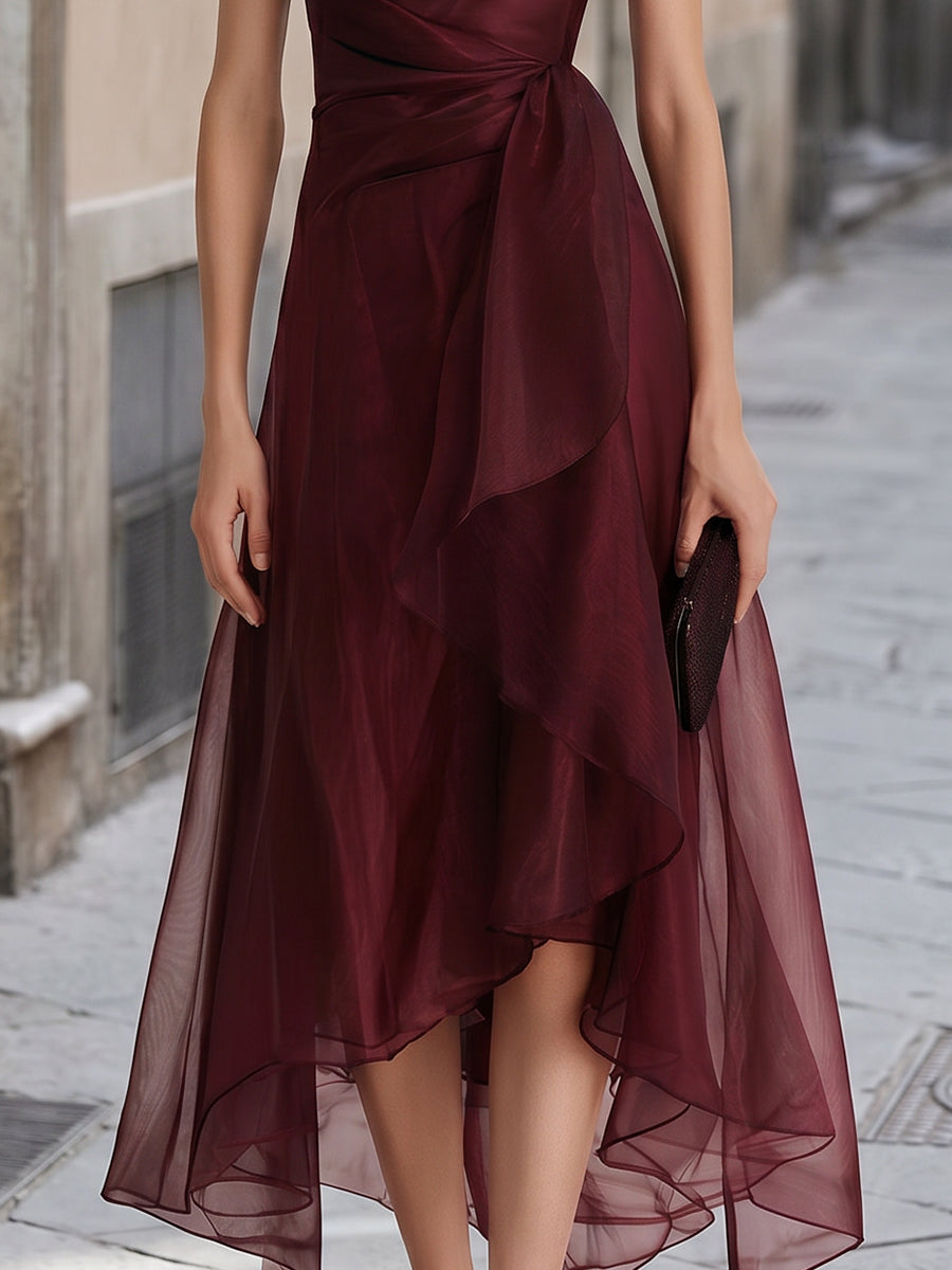 Cowl Collar Wrap Waist Asymmetrical Organza Formal Midi Gown