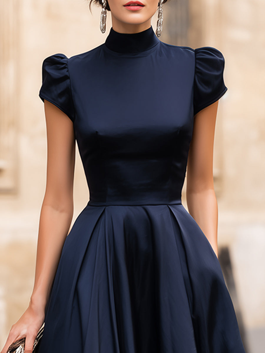 Stand Mock Neck Mini Bubble Cap Sleeve Ruched Waist Flared Satin Midi Dress