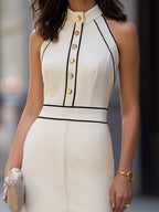 Gold Button Trim Sleeveless Halter Midi Dress