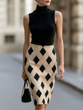 Black Sleeveless Turtleneck Top & Argyle Pencil Skirt Two-Piece Set