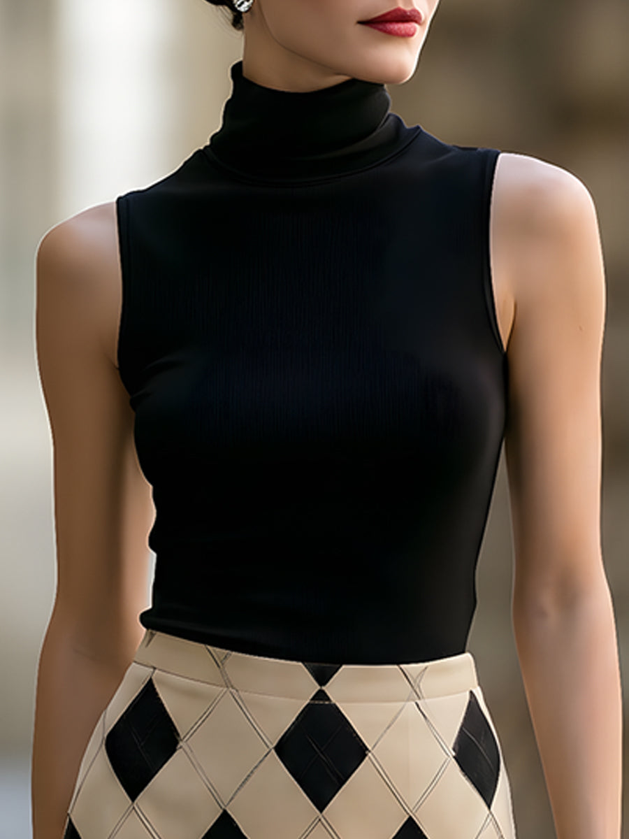 Black Sleeveless Turtleneck Top & Argyle Pencil Skirt Two-Piece Set