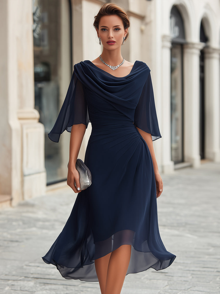 Cowl Drape Neck Sheer Chiffon Cape Sleeves Side Ruched High Low Midi Dress
