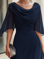Cowl Drape Neck Sheer Chiffon Cape Sleeves Side Ruched High Low Midi Dress