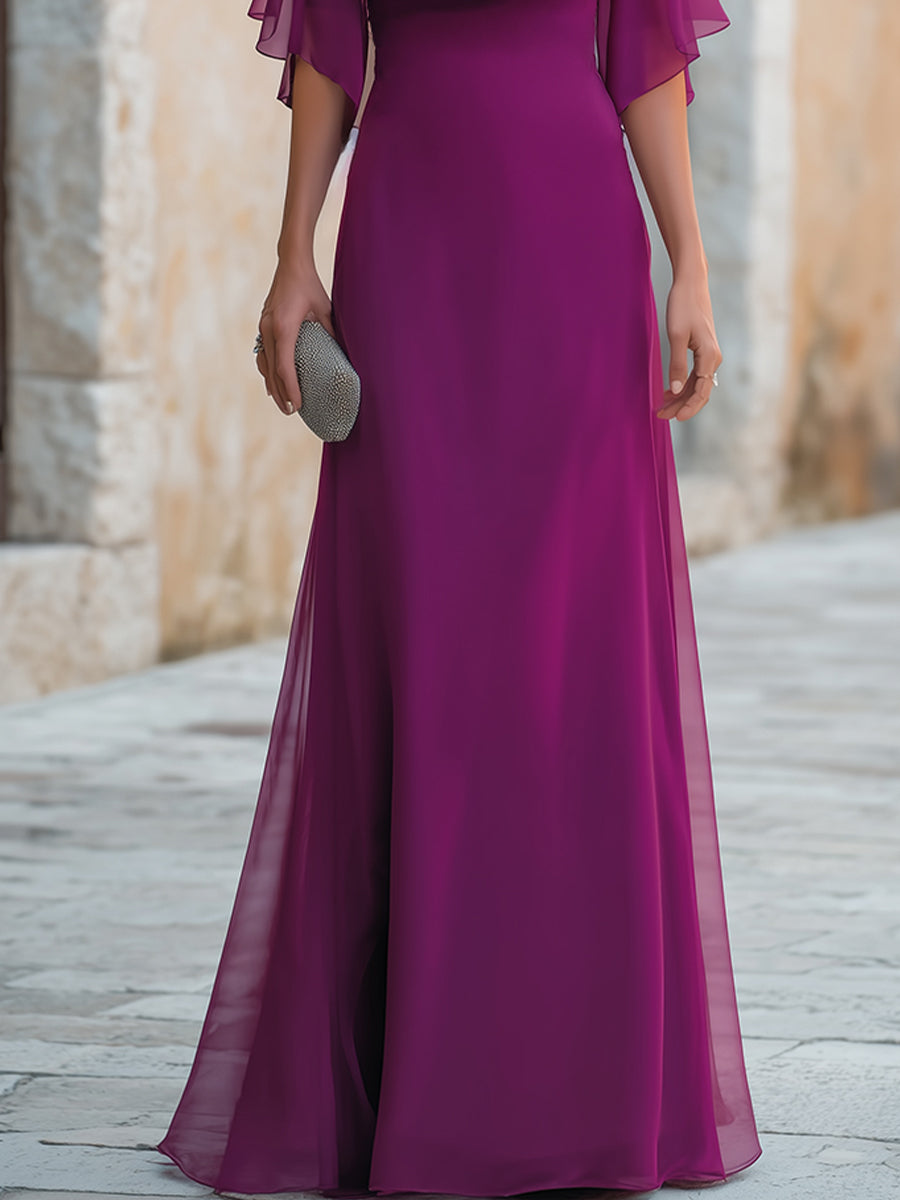 Cowl Drape V Neck Sheer Chiffon Capelet Sleeve Fitted Full Length Evening Gown
