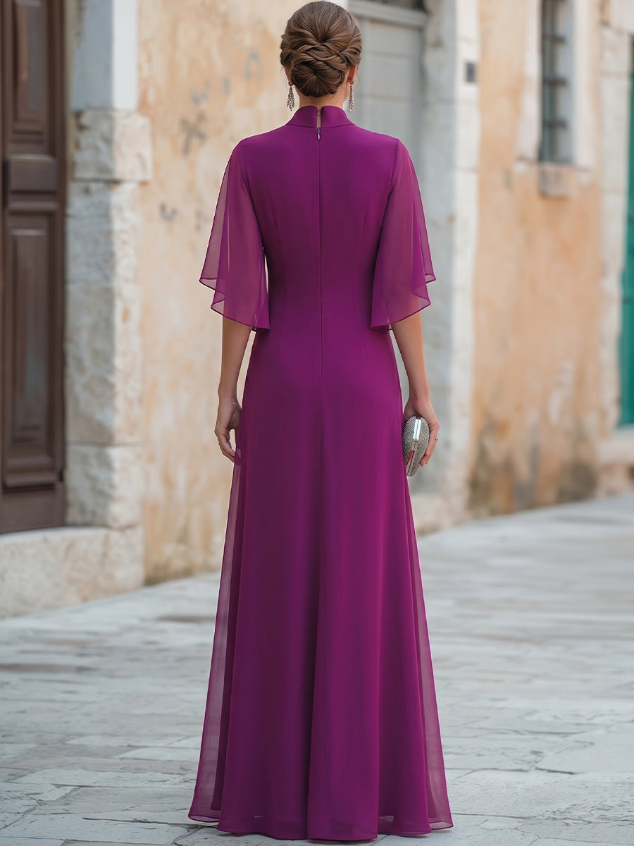 Cowl Drape V Neck Sheer Chiffon Capelet Sleeve Fitted Full Length Evening Gown