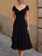Off-Shoulder Ruched Sweetheart Chiffon A-Line Midi Dress
