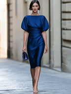 Ruched Batwing Sleeve Satin Midi Dress
