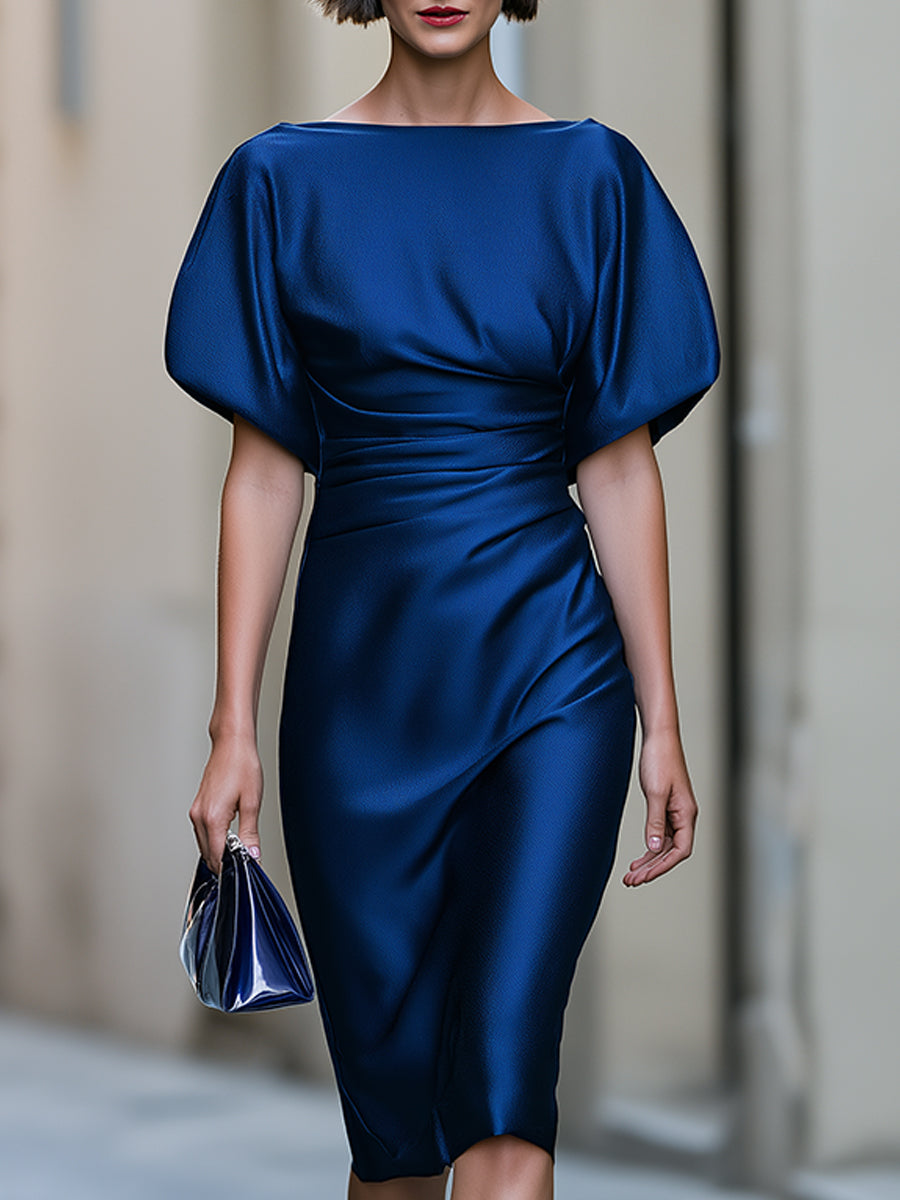 Ruched Batwing Sleeve Satin Midi Dress