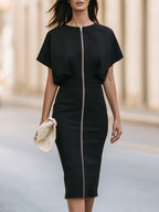 Zip-Front Short Sleeve Bodycon Midi Dress