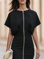 Zip-Front Short Sleeve Bodycon Midi Dress