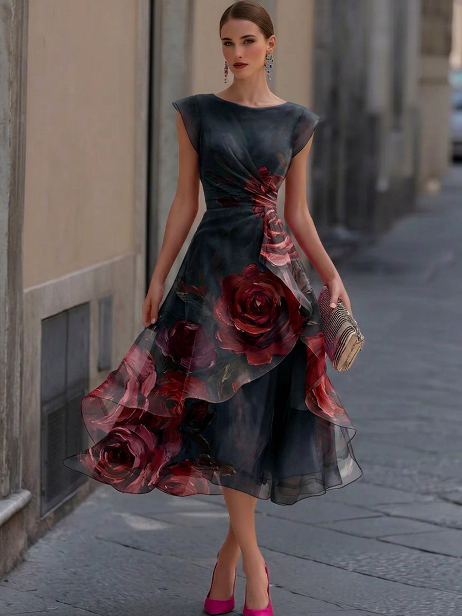 Elegant Watercolor Floral Boat Neck Wrap Waist Layered Organza High-Low Formal Midi Gown