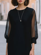 Mesh Puff Sleeve Crew Neck Shift Midi Dress