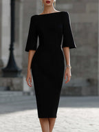 Bateau Neck Flare Half Sleeve Pencil Midi Dress