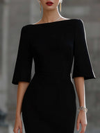Bateau Neck Flare Half Sleeve Pencil Midi Dress