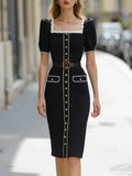 Lace Trim Square Neck Buttoned Tweed Midi Dress With Belt