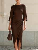 Round Neck Split 3/4 Sleeve Side Ruched Wrap Slit Midi Dress