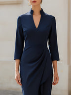 Mandarin Split Collar 3/4 Sleeve Side Ruched Asymmetric Wrap Midi Dress