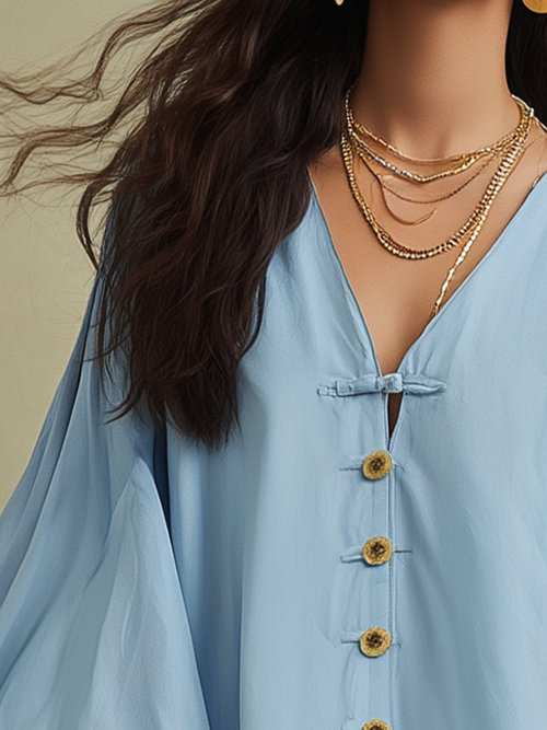 Casual Blue Button Front Blouse