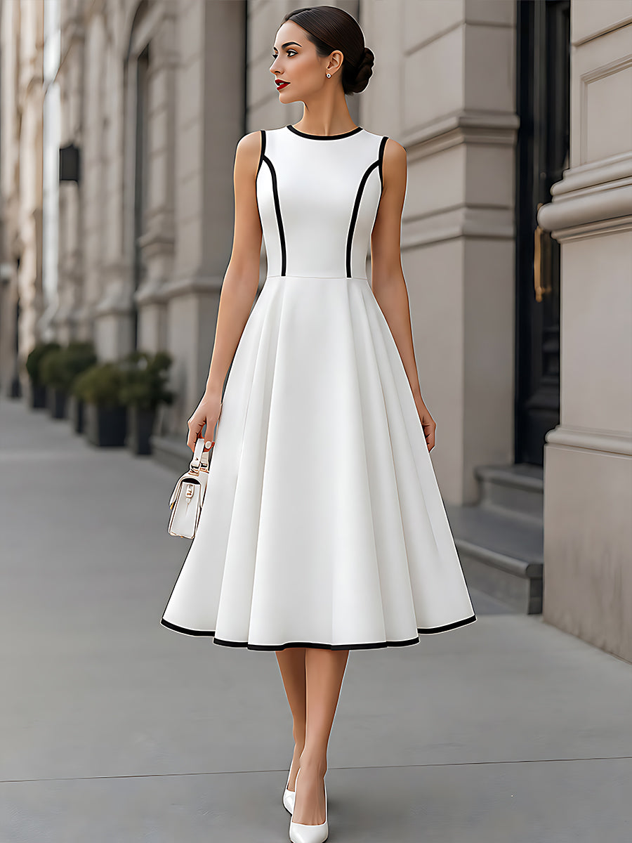 Contrast-Trim Sleeveless A-Line Maxi Dress