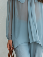 Soft Blue Off-Shoulder Draped Belted Shirt