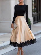 Lace Trim T-Shirt Satin A-Line Skirt Two-Piece Set