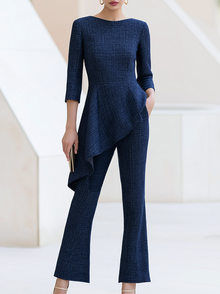 Asymmetric Draped Ruffle Flared Jumpsuit Two-Piece Set