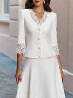 Lace Trim V-Neck Pearl Button  Blazer & Flared Midi Skirt Two-Piece Suit