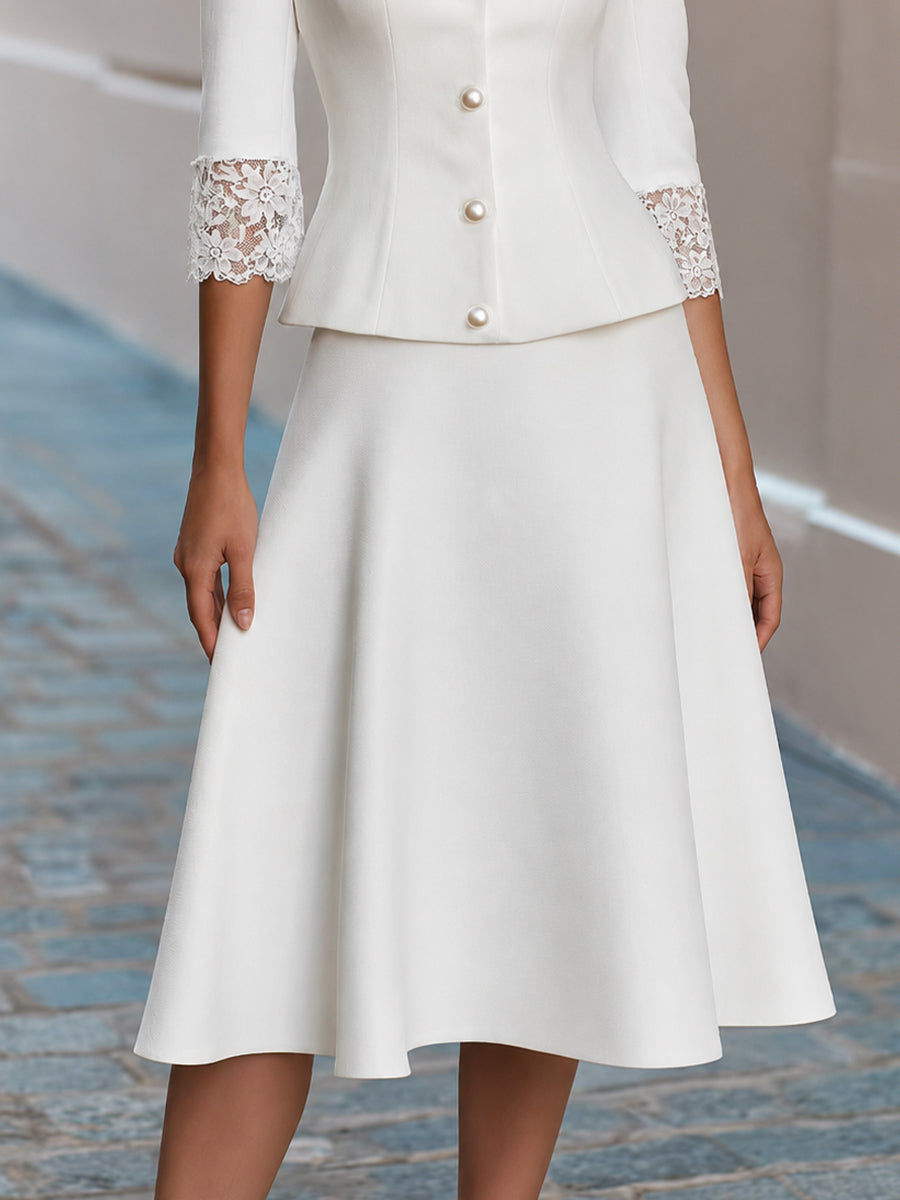 Lace Trim V-Neck Pearl Button  Blazer & Flared Midi Skirt Two-Piece Suit