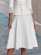 Lace Trim V-Neck Pearl Button  Blazer & Flared Midi Skirt Two-Piece Suit