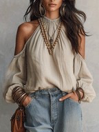 Bohemian Cold-Shoulder Resort Linen Blouse