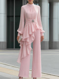 Elegant Draped Ruffle Top Wide-Leg Pants Set