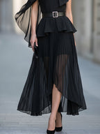 Asymmetric Draped Cape Sleeve Chiffon Belted Midi Dress Set