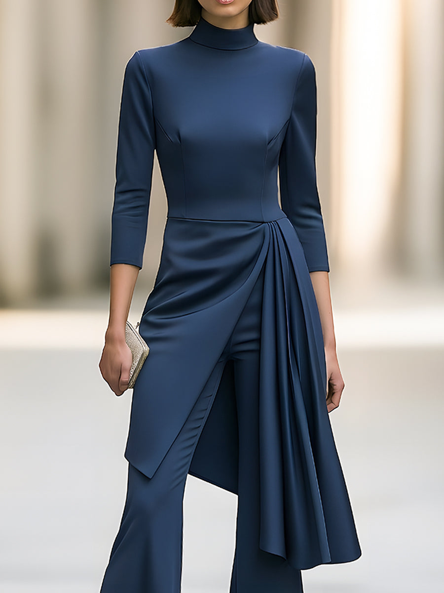 Asymmetric Draped Overlay Mock-Neck Top And Flared Trouser Set