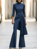 Asymmetric Draped Overlay Mock-Neck Top And Flared Trouser Set
