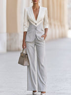 Color-blocked Two-piece Suit With Lapel Trousers