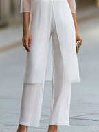 Two-Piece Set: Sheer-Sleeve Tunic Top & Wide-Leg Trousers