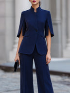 Stand Collar Short Sleeve Blazer & Wide Leg Trousers Two-Piece Formal Suit Set