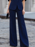 Stand Collar Short Sleeve Blazer & Wide Leg Trousers Two-Piece Formal Suit Set