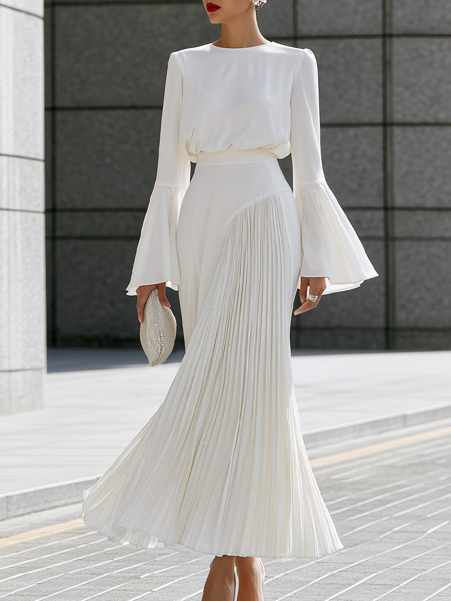 Bell-Sleeve Blouse And Pleated Maxi Skirt Set