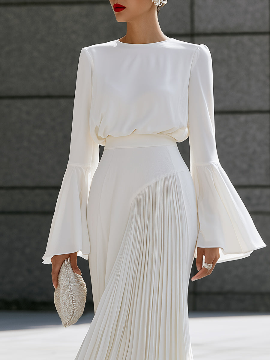 Bell-Sleeve Blouse And Pleated Maxi Skirt Set