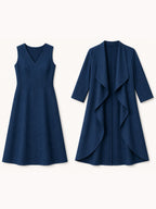 Two-Piece Set: Waterfall-Style Layered Cardigan-Effect Dress With Slim-Fit V-Neck Midi Dress